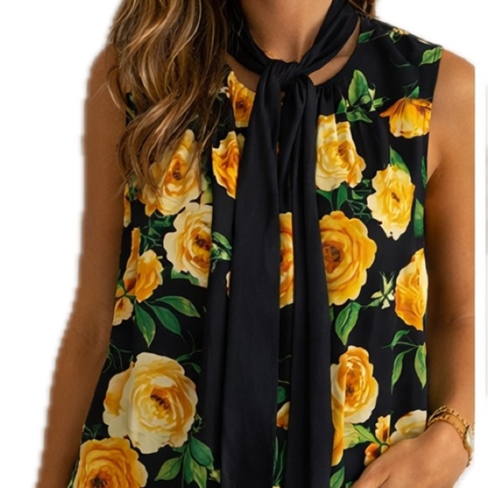 Avenue Black and Yellow Floral Tie Neck Blouse